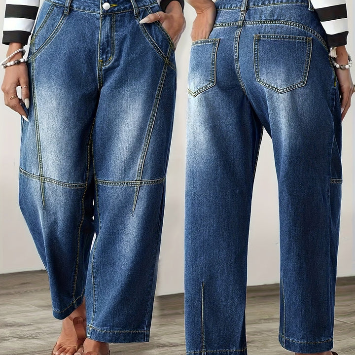 Effortless Blue Relaxed Barrel Jeans for Women with High Waist Seam Detail Cropped Ankle