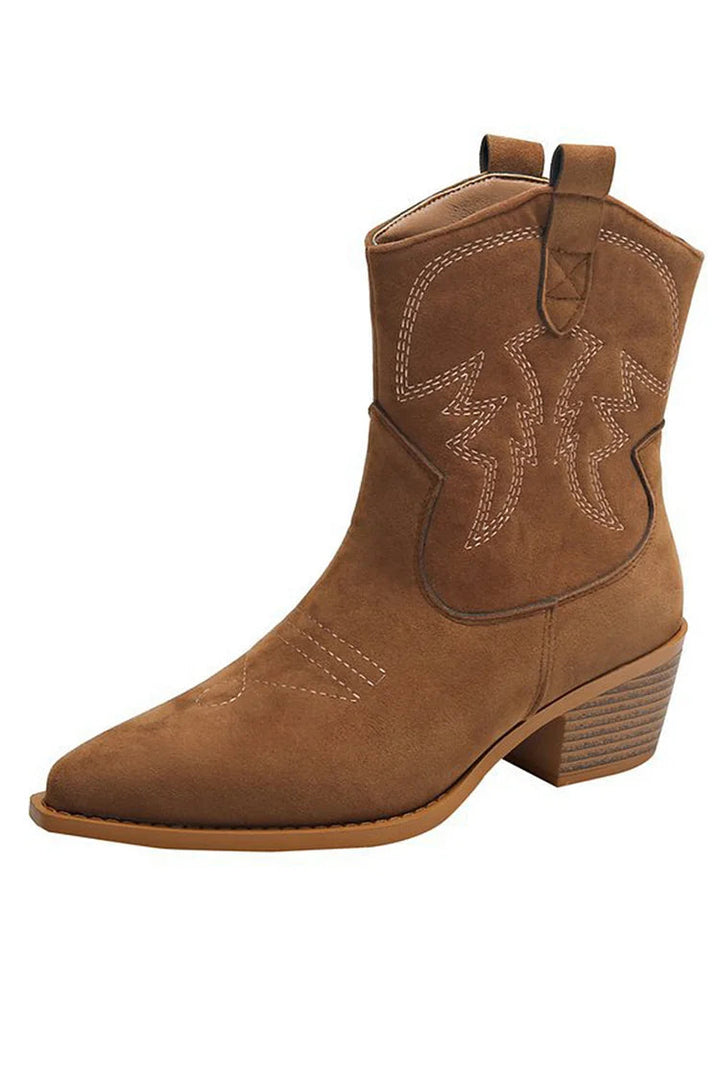 Stylish Brown Suede Western Ankle Boots for Women with Pointed Toe Stacked Heel Stitched Detail Style