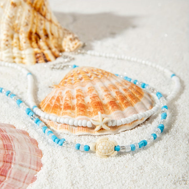 Coastal Turquoise Beaded Necklace Set of 2
