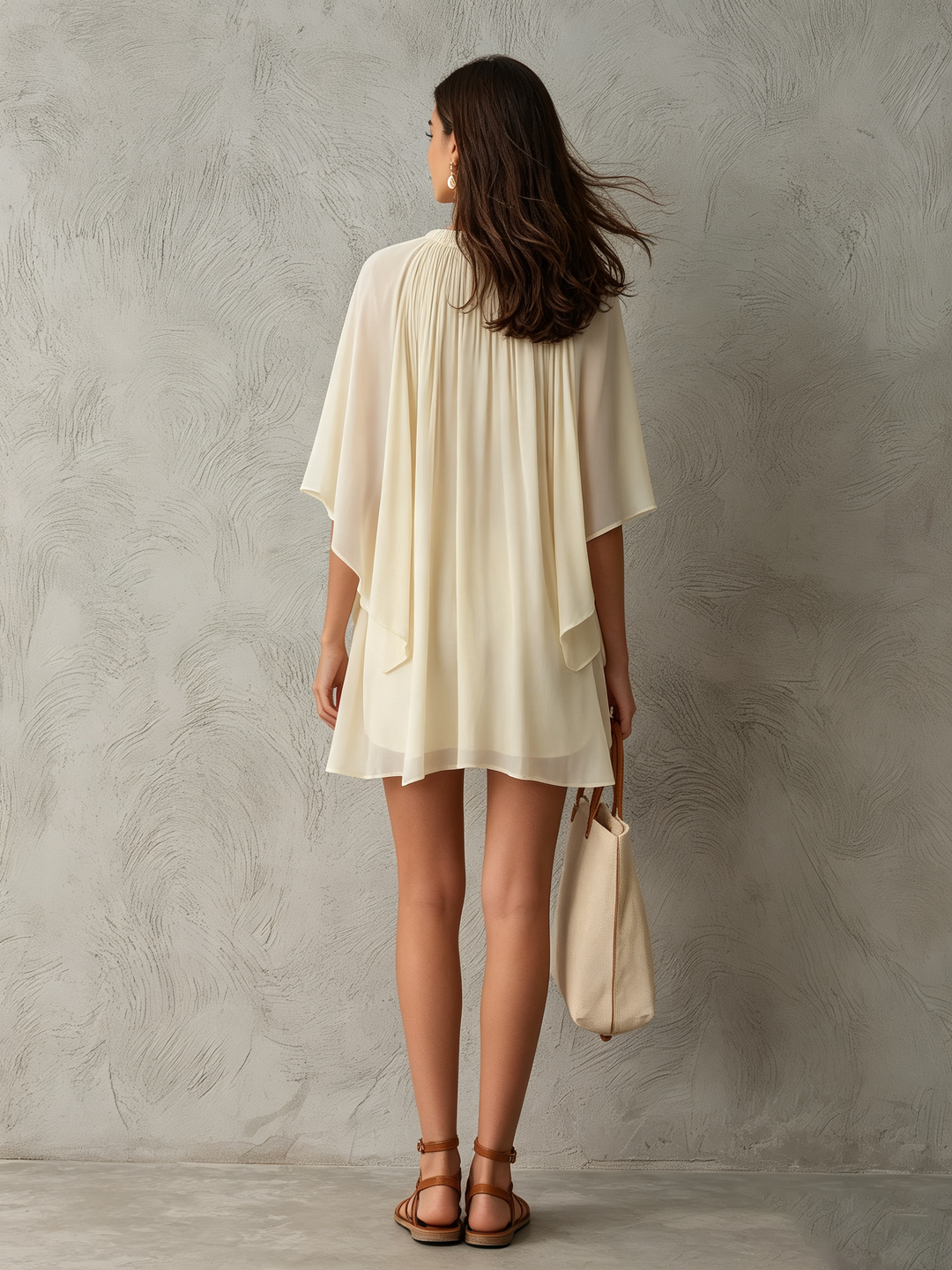 Effortless Beige Mini Dress for Women with Cape Sleeves Gathered Neckline
