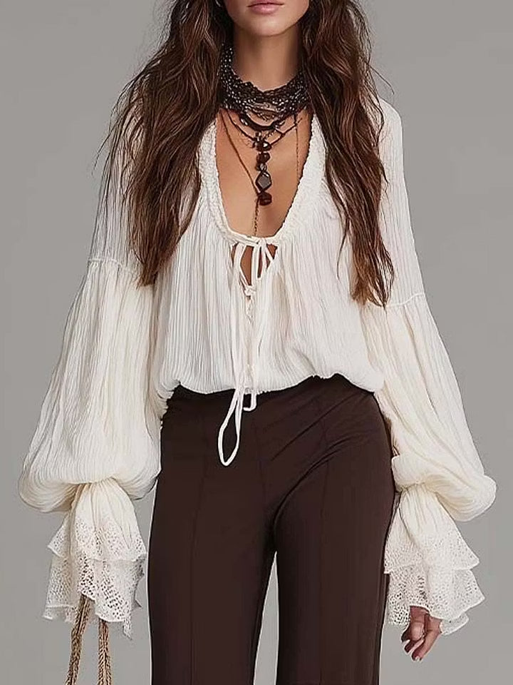 Effortless Two Piece Set for Women with Lace Up Blouse Wide Leg Flare Pants Boho Style
