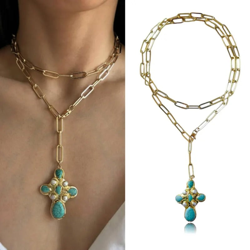 Statement Turquoise Cross Lariat Necklace