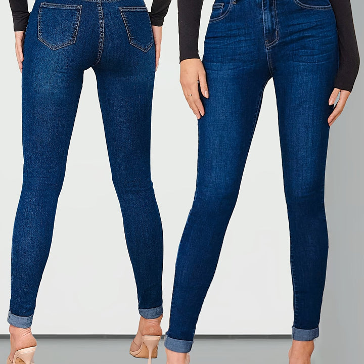 Effortless Medium Blue Relaxed Skinny Jeans for Women with High Waist Cuffed Ankle Stretch Denim