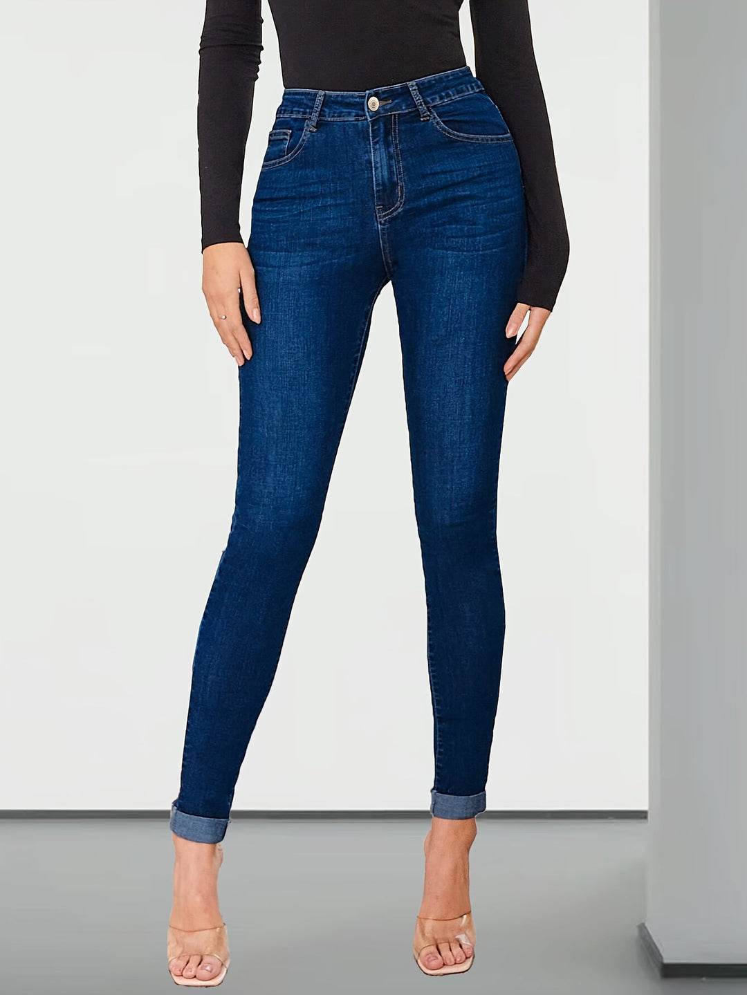 Effortless Medium Blue Relaxed Skinny Jeans for Women with High Waist Cuffed Ankle Stretch Denim