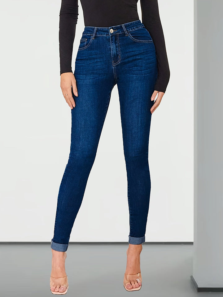 Effortless Medium Blue Relaxed Skinny Jeans for Women with High Waist Cuffed Ankle Stretch Denim