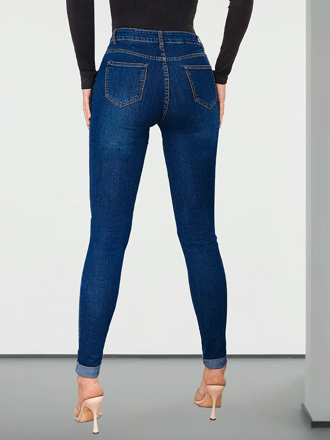 Effortless Medium Blue Relaxed Skinny Jeans for Women with High Waist Cuffed Ankle Stretch Denim