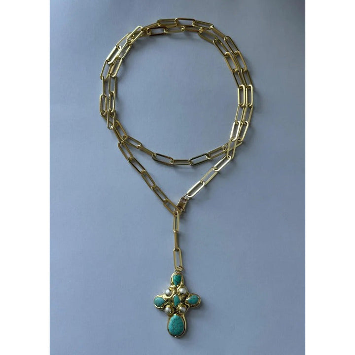 Statement Turquoise Cross Lariat Necklace