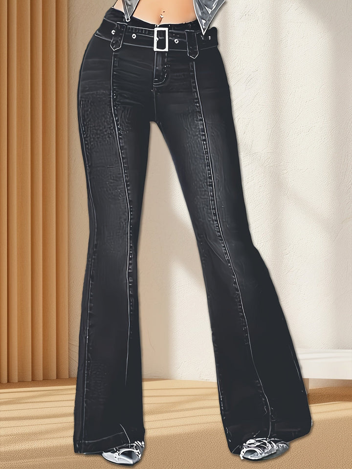 Effortless Dark Blue Buckle Jeans for Women with High Waist Belted Contrast Stitch Relaxed Style
