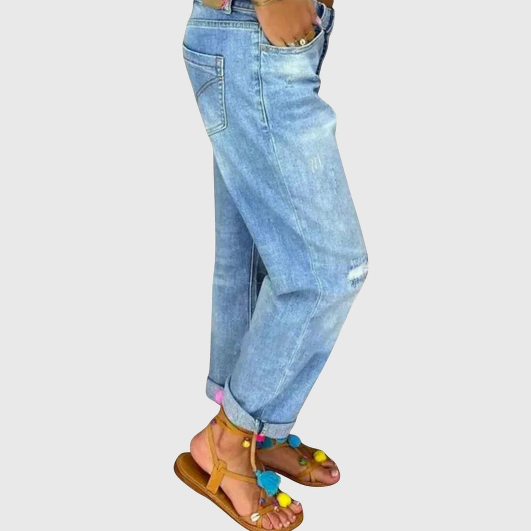 Stylish Blue Jeans for Women with High Waist Button Fly Distressed Relaxed Boyfriend Mom Jean Style