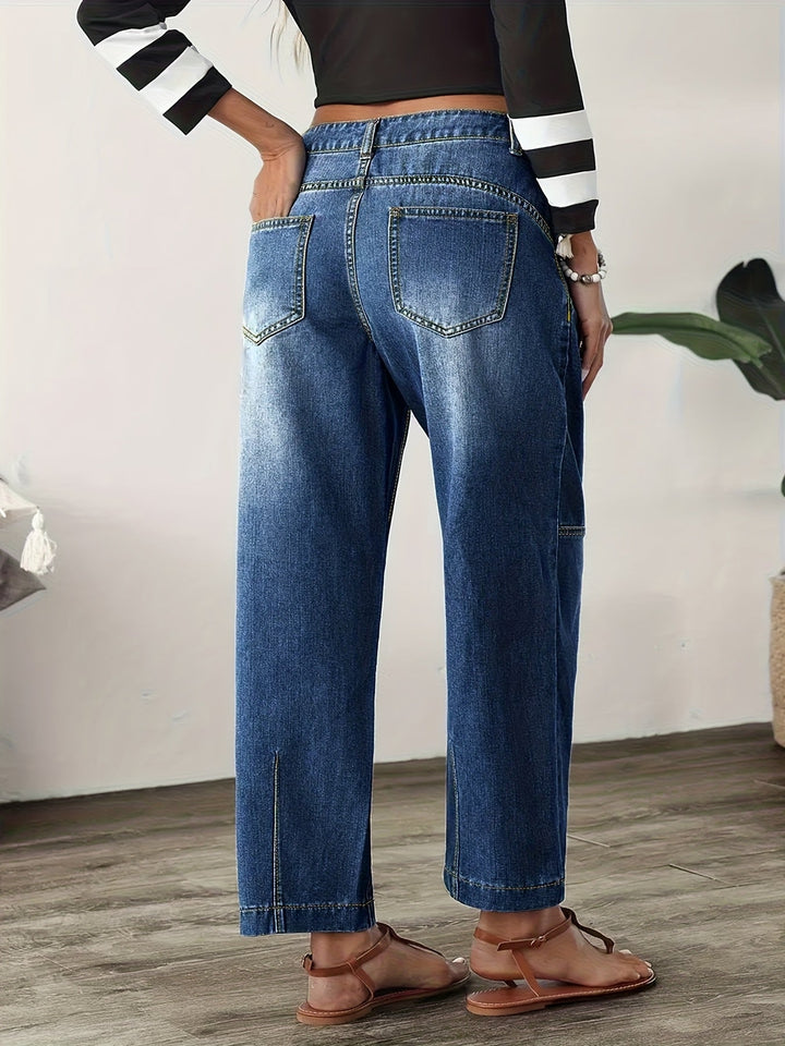 Effortless Blue Relaxed Barrel Jeans for Women with High Waist Seam Detail Cropped Ankle