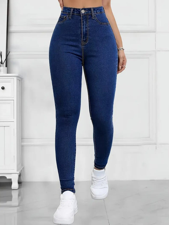 Effortless Dark Blue Relaxed Skinny Jeans for Women with High Waist Slim Fit Stretch Denim