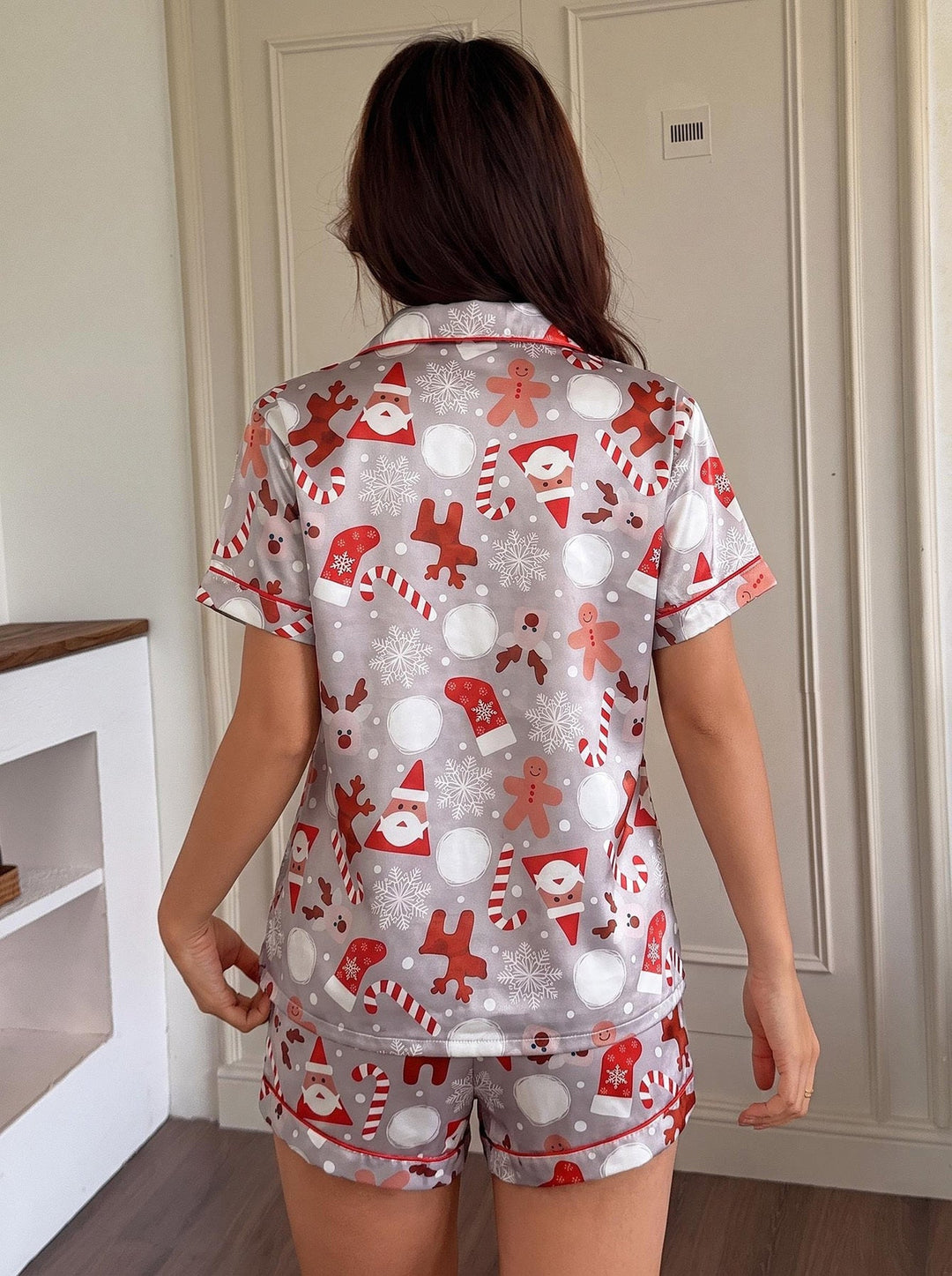 Cozy Gray Satin Christmas Pajamas for Women with Notch Collar Short Sleeve Button Front Two Piece Style