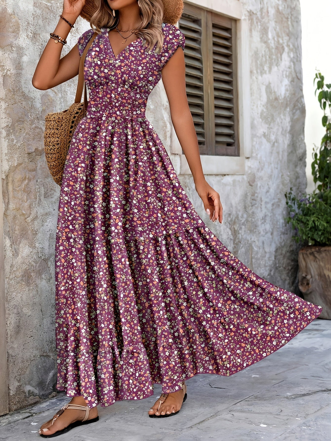 Effortless Floral Boho Dress for Women with V Neck Cap Sleeve Smocked Waist Tiered Flowing Style