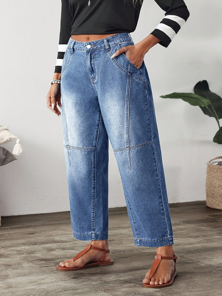 Effortless Blue Relaxed Barrel Jeans for Women with High Waist Seam Detail Faded Wash