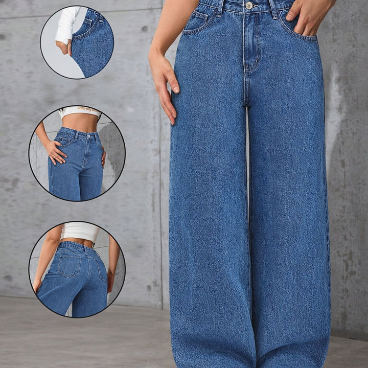 Relaxed Blue Wide Leg Jeans for Women with High Waist Flowing Loose Fit Denim Style