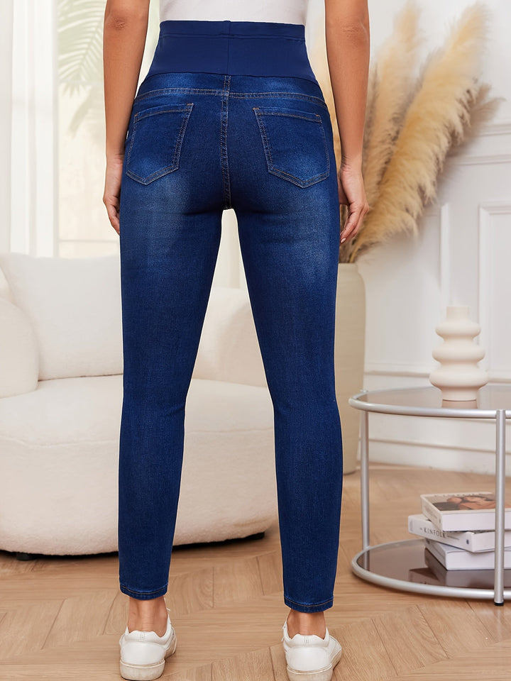 Comfortable Blue Denim Maternity Jeans for Women with High Waist Belly Panel Stretch Skinny Fit Style