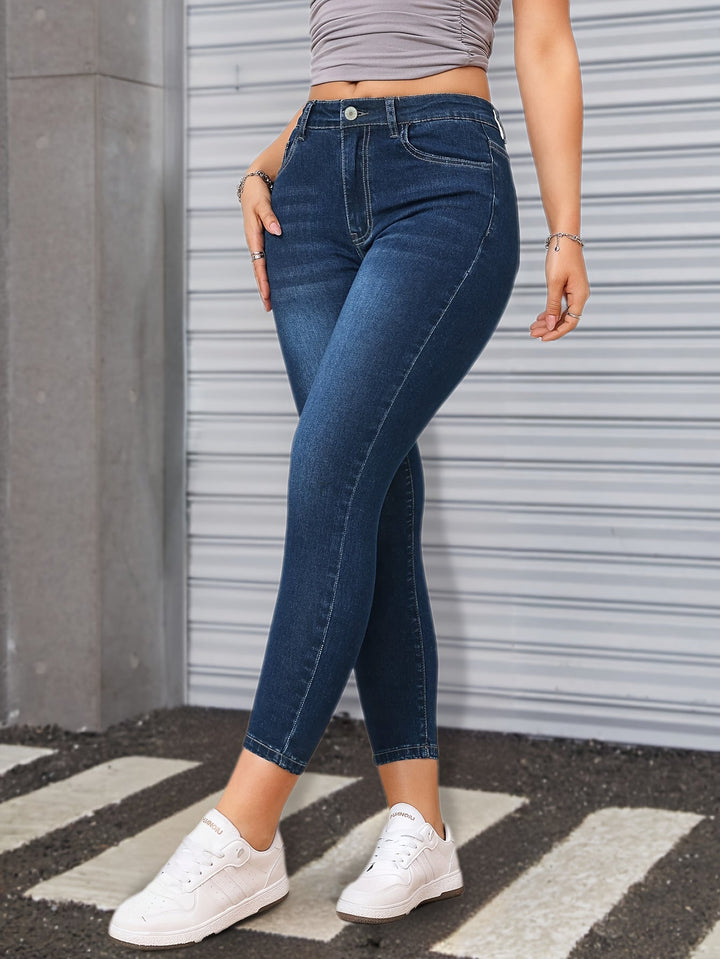 Effortless Blue Relaxed Skinny Jeans for Women with High Waist Slim Fit Stretch Denim