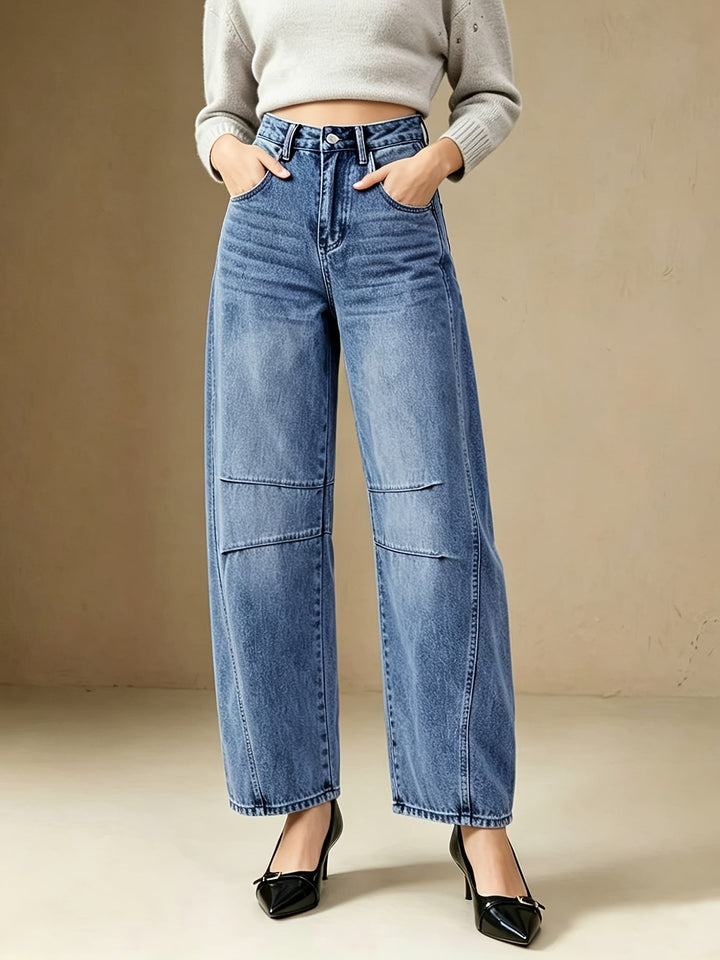 Effortless Relaxed Blue Barrel Jeans for Women with High Waist Seam Detail