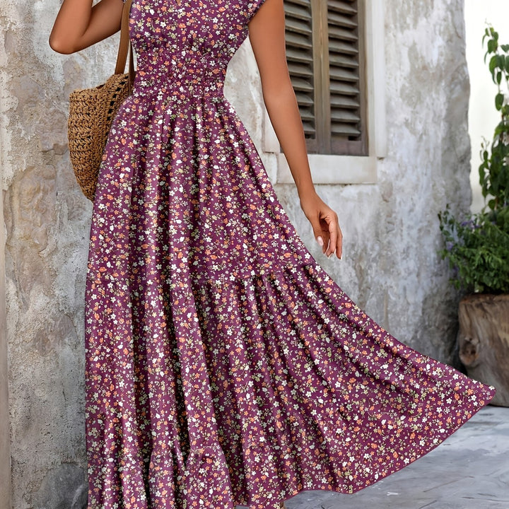 Effortless Floral Boho Dress for Women with V Neck Cap Sleeve Smocked Waist Tiered Flowing Style