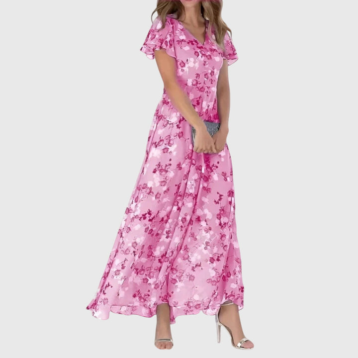 Effortless Floral Maxi Dress for Women with V Neck Flutter Sleeve Flowing Chiffon Boho Style