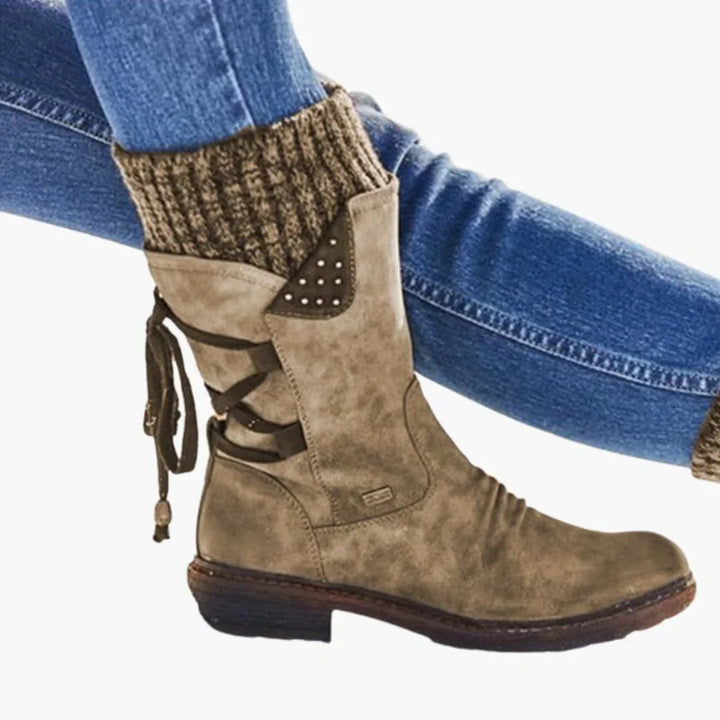 Effortless Suede Snowproof Boots for Women with Knit Cuff Lace Up Mid Calf Studded Style