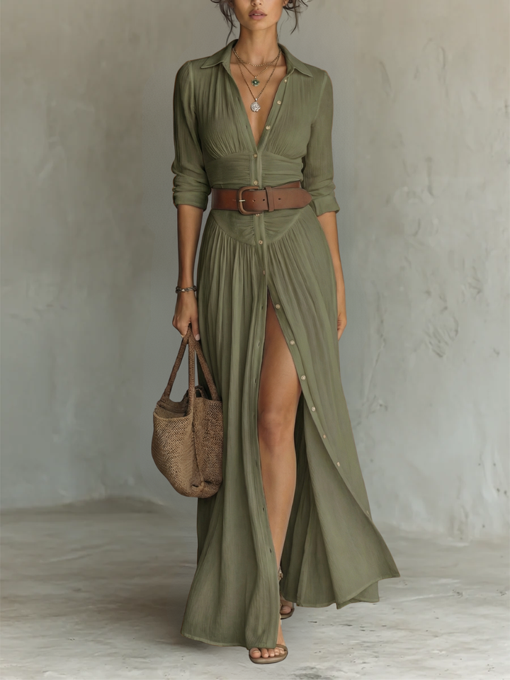 Effortless Maxi Dress for Women with Collared Button Front Long Sleeve Side Slit Bohemian Style