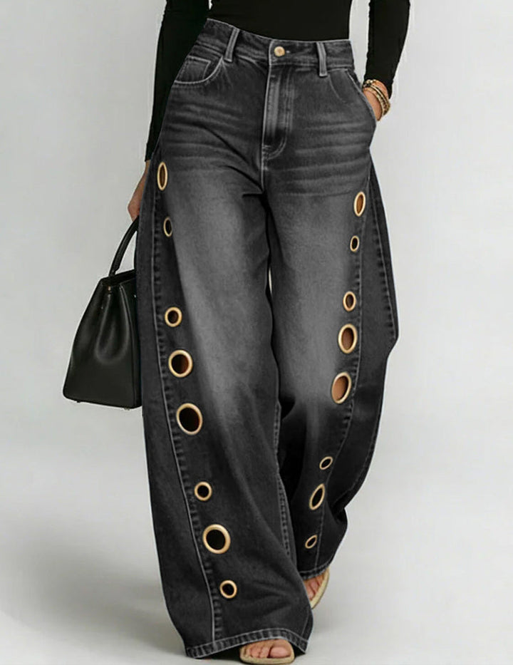 Effortless Grommet Cutout High Waisted Jeans for Women with Wide Leg Relaxed Denim Casual Style