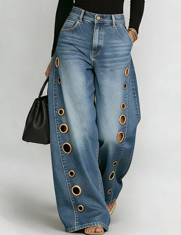Effortless Grommet Cutout High Waisted Jeans for Women with Wide Leg Relaxed Denim Casual Style