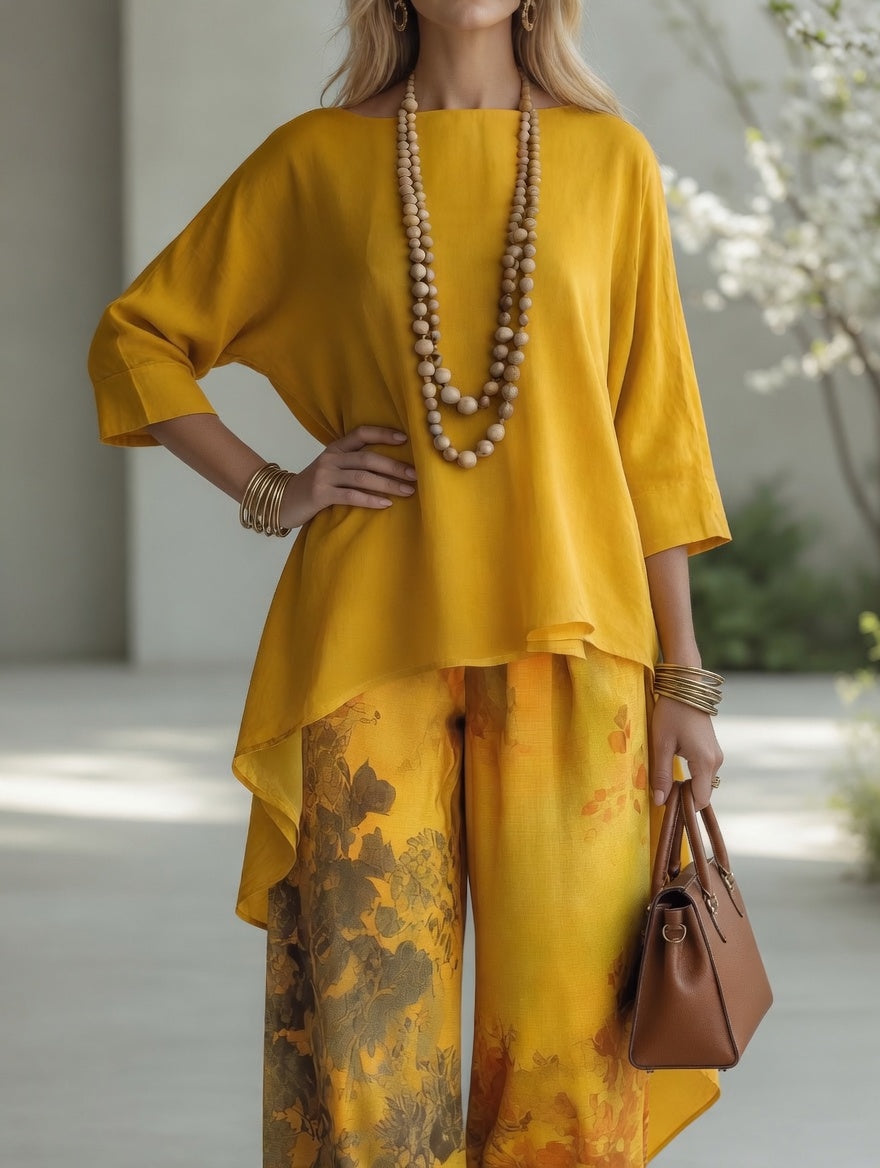 Venetia™ | Vintage Botanical High-Low Tunic & Wide-Leg Pants Set