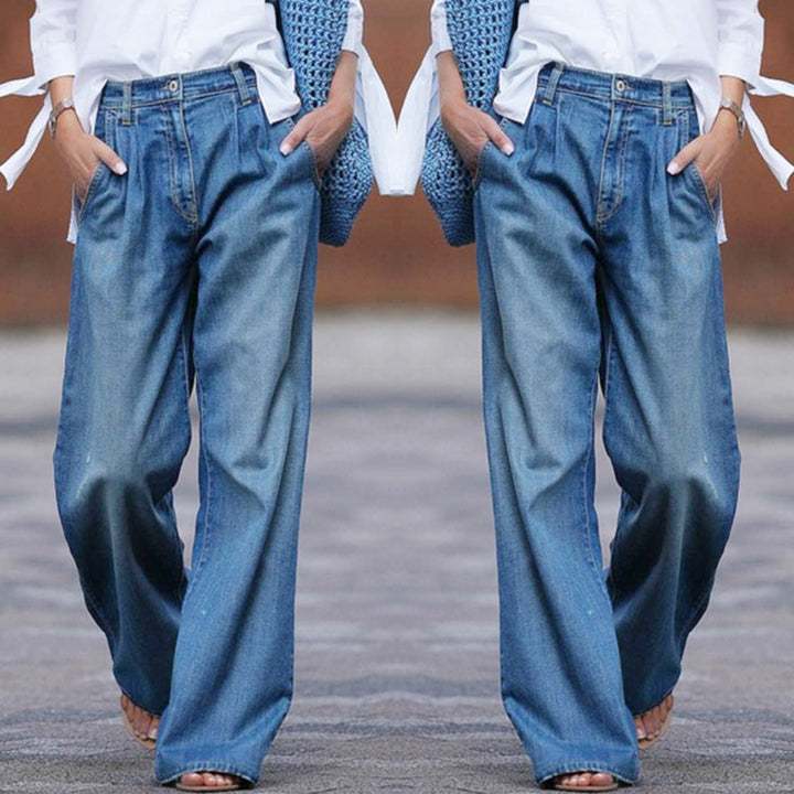 Effortless Blue Wide Leg High Waisted Jeans for Women with Pleated Front Relaxed Denim Casual Style