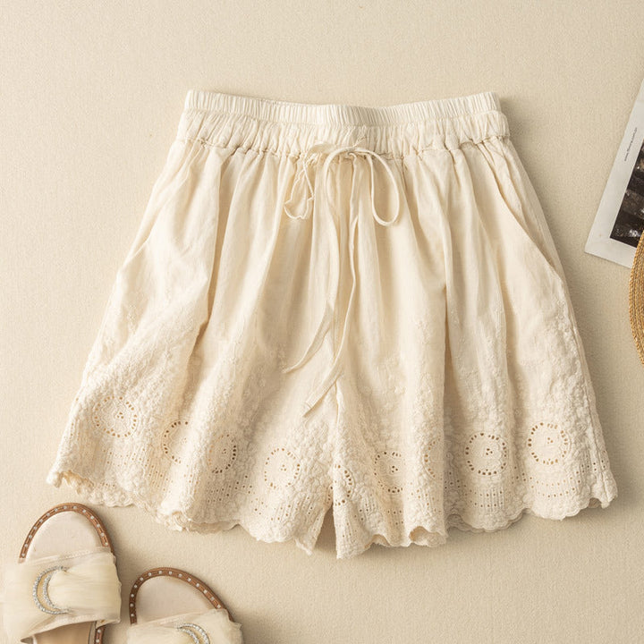 Effortless Crochet Lace Wide Leg Shorts for Women with High Waist Drawstring Scalloped Hem Bohemian Style