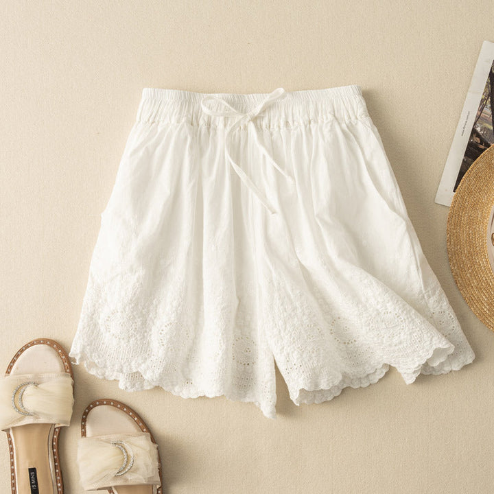 Effortless Crochet Lace Wide Leg Shorts for Women with High Waist Drawstring Scalloped Hem Bohemian Style