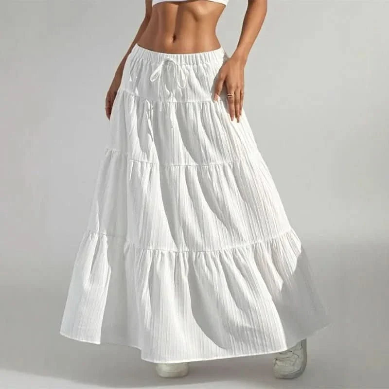 Effortless Tiered Maxi Skirt for Women with Elastic Drawstring Waist Ruffle Hem Bohemian Style