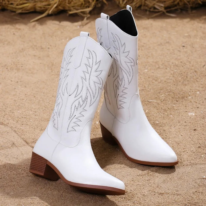 Stylish White Boots for Women with Western Embroidered Block Heel Style