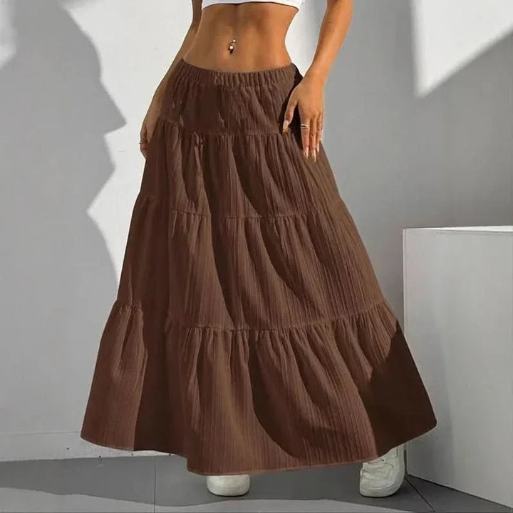 Effortless Tiered Maxi Skirt for Women with Elastic Drawstring Waist Ruffle Hem Bohemian Style