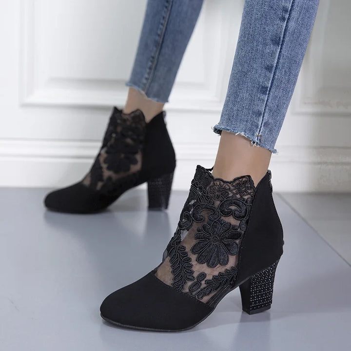 Chic Lace Mesh Women Boots for Women with Pointed Toe Chunky Block Heel Ankle Style