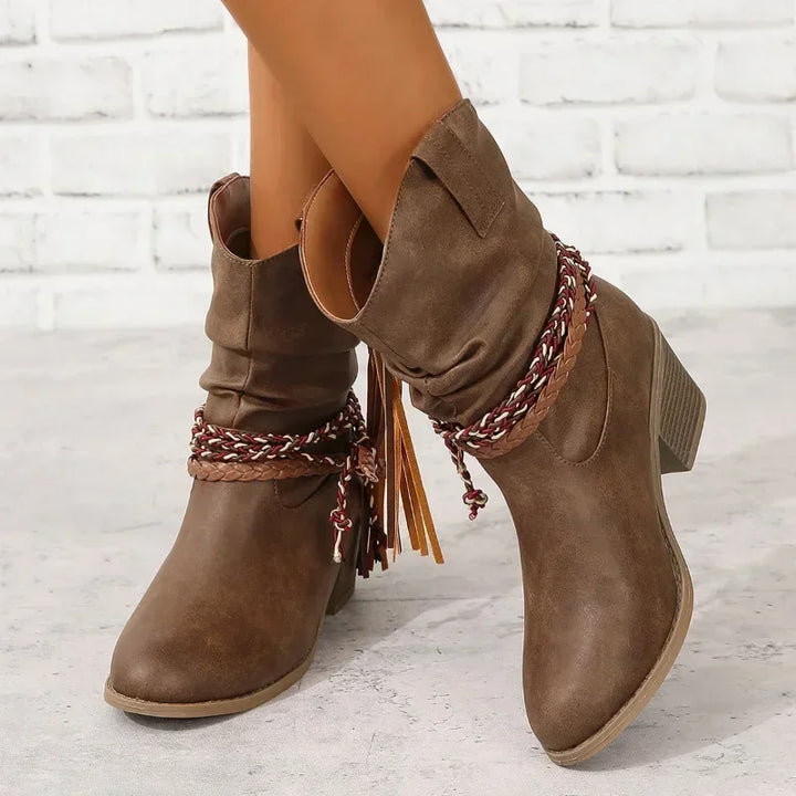 Stylish Dark Brown Boots for Women with Round Toe Braided Tassel Block Heel Western Ankle Style