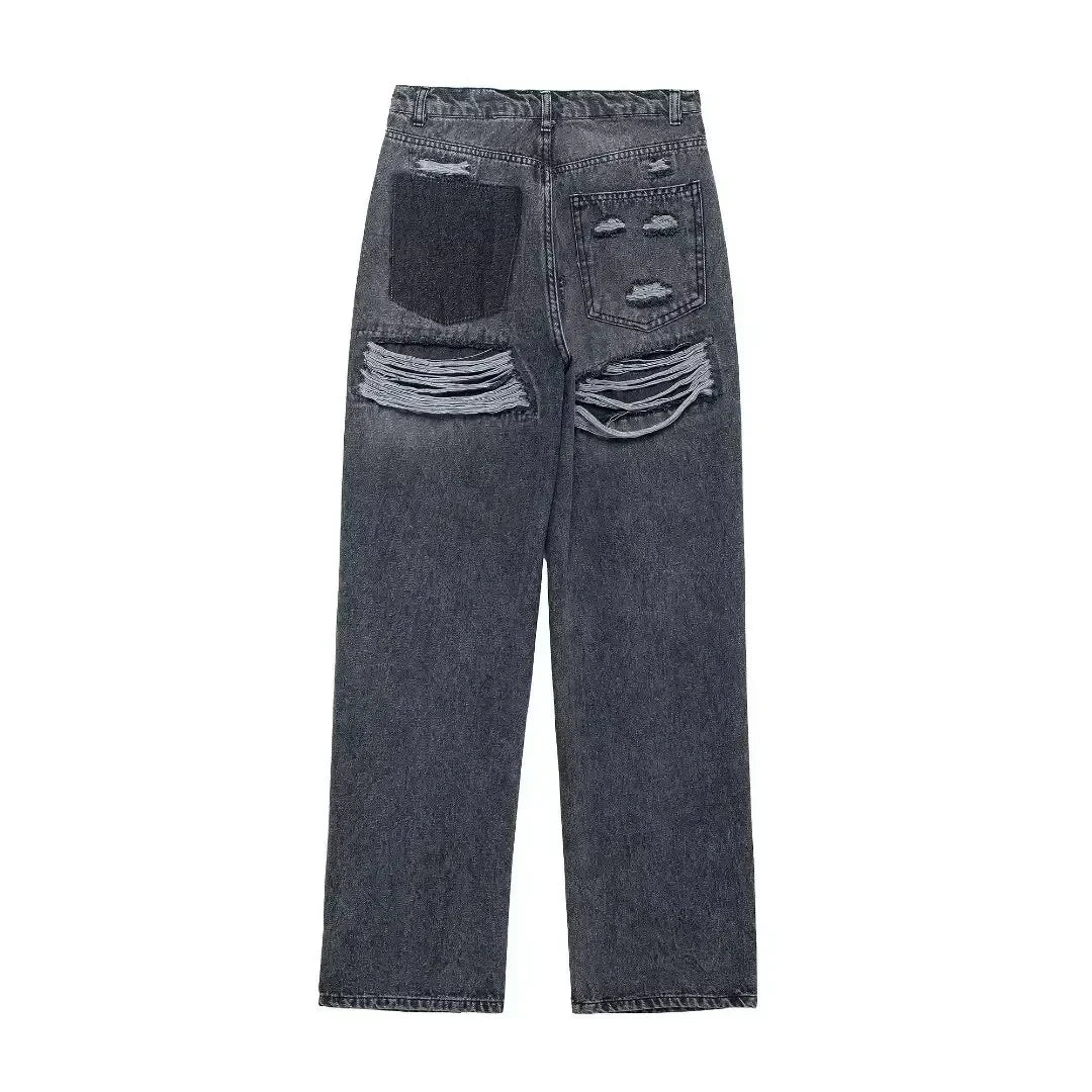 Effortless Distressed Wide Leg Jeans for Women with High Waisted Ripped Patch Relaxed Style
