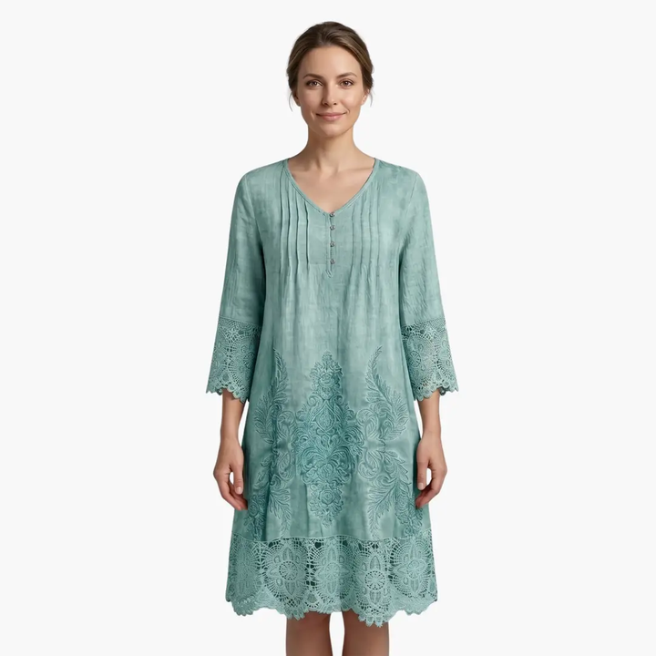 Effortless Embroidered Lace Midi Dress for Women with V Neck Elbow Sleeve Button Front Boho Style