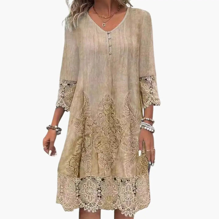 Effortless Embroidered Lace Midi Dress for Women with V Neck Elbow Sleeve Button Front Boho Style