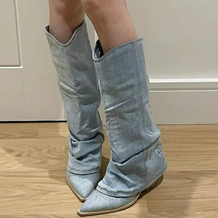 Stylish Light Blue Denim Cowgirl Boots for Women with Slouchy Western Style