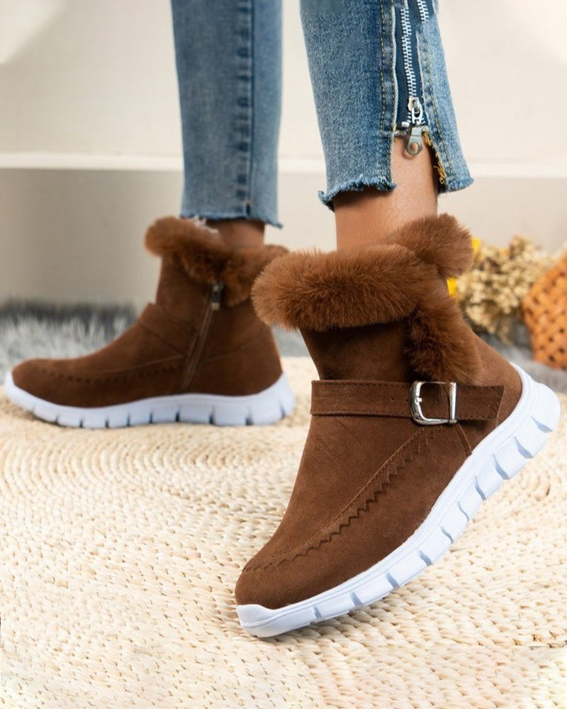 Cozy Suede Snow Boots for Women with Fluffy Trim Ankle Buckle Style