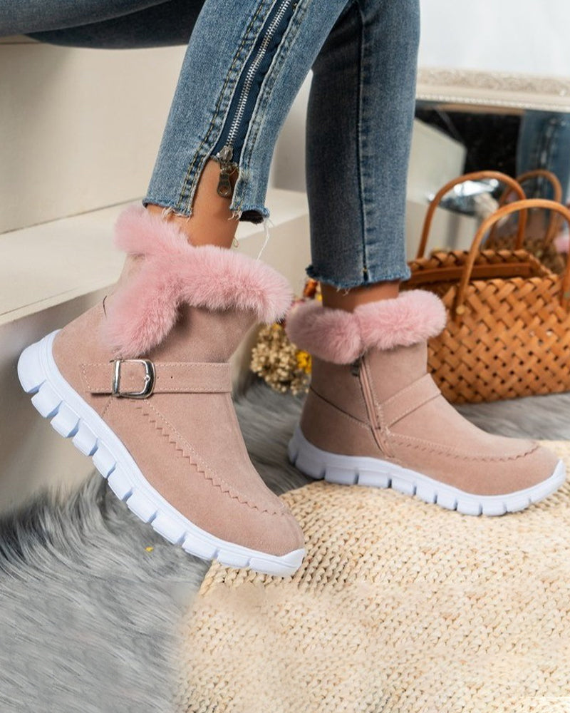 Cozy Suede Snow Boots for Women with Fluffy Trim Ankle Buckle Style