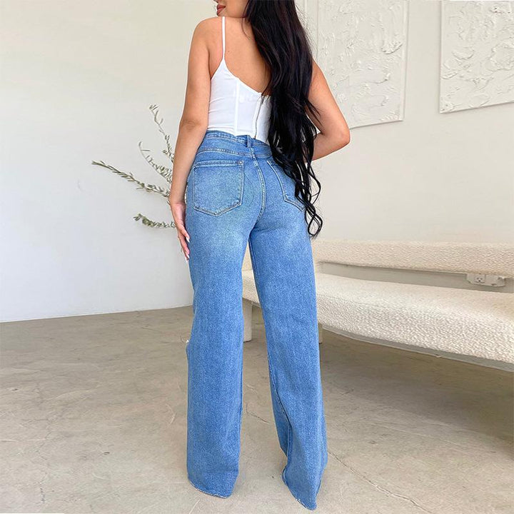 Stylish High Waisted Wide Leg Ripped Jeans for Women with Distressed Cutout Frayed Hem Relaxed Style