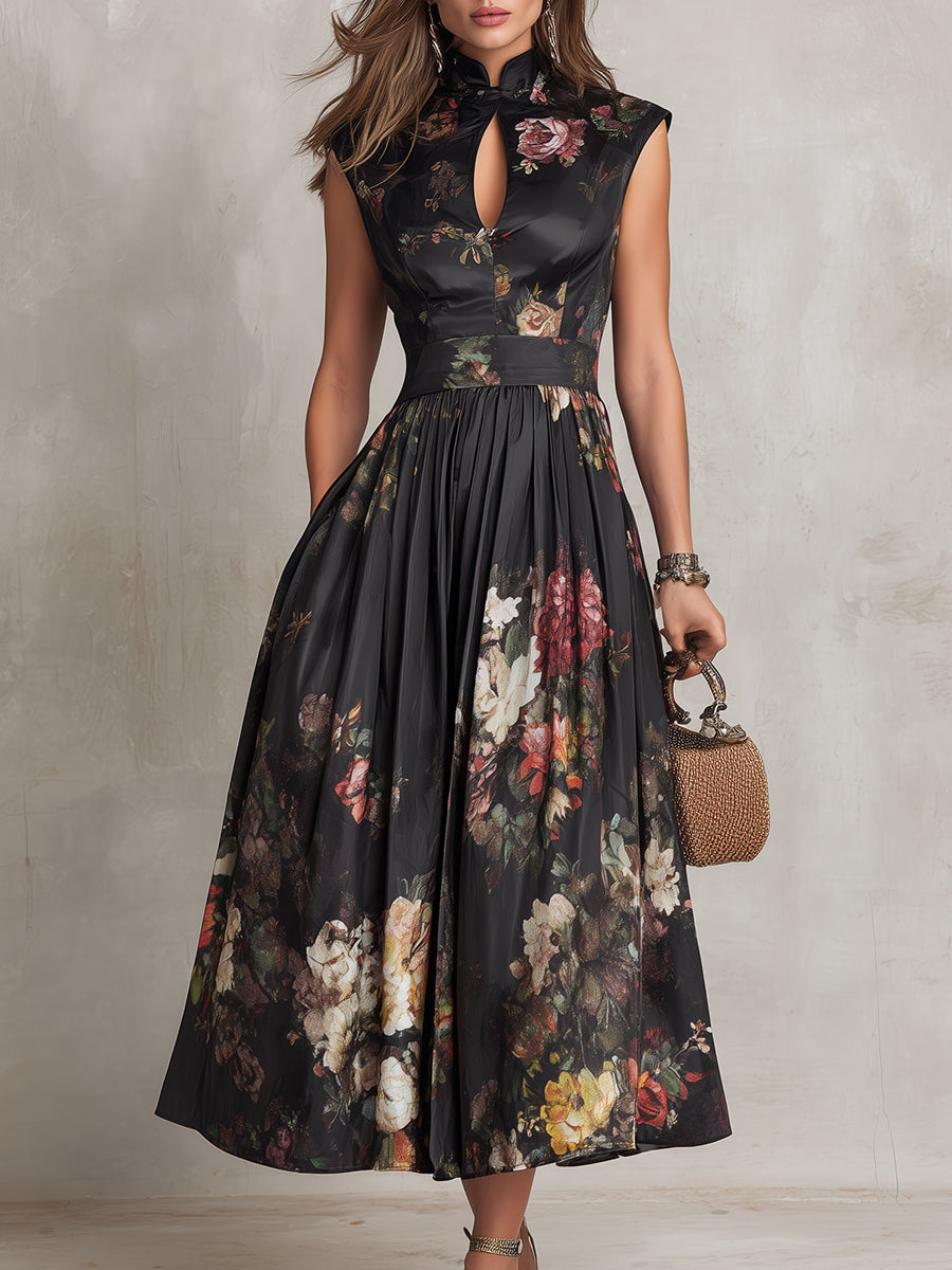 Elegant Black Floral Dress for Formal Wedding Guest Style with A Line Midi Skirt