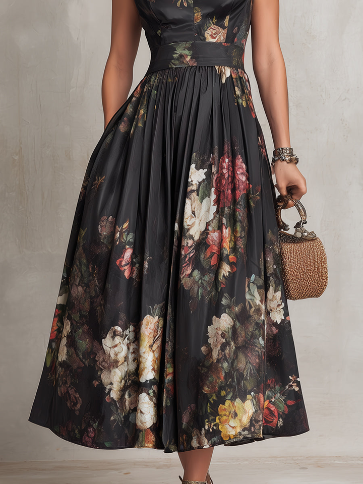 Elegant Black Floral Dress for Formal Wedding Guest Style with A Line Midi Skirt