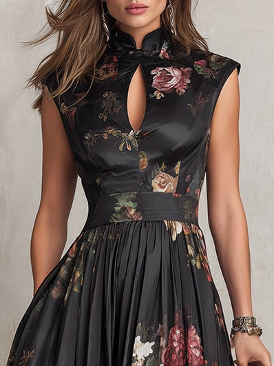 Elegant Black Floral Dress for Formal Wedding Guest Style with A Line Midi Skirt