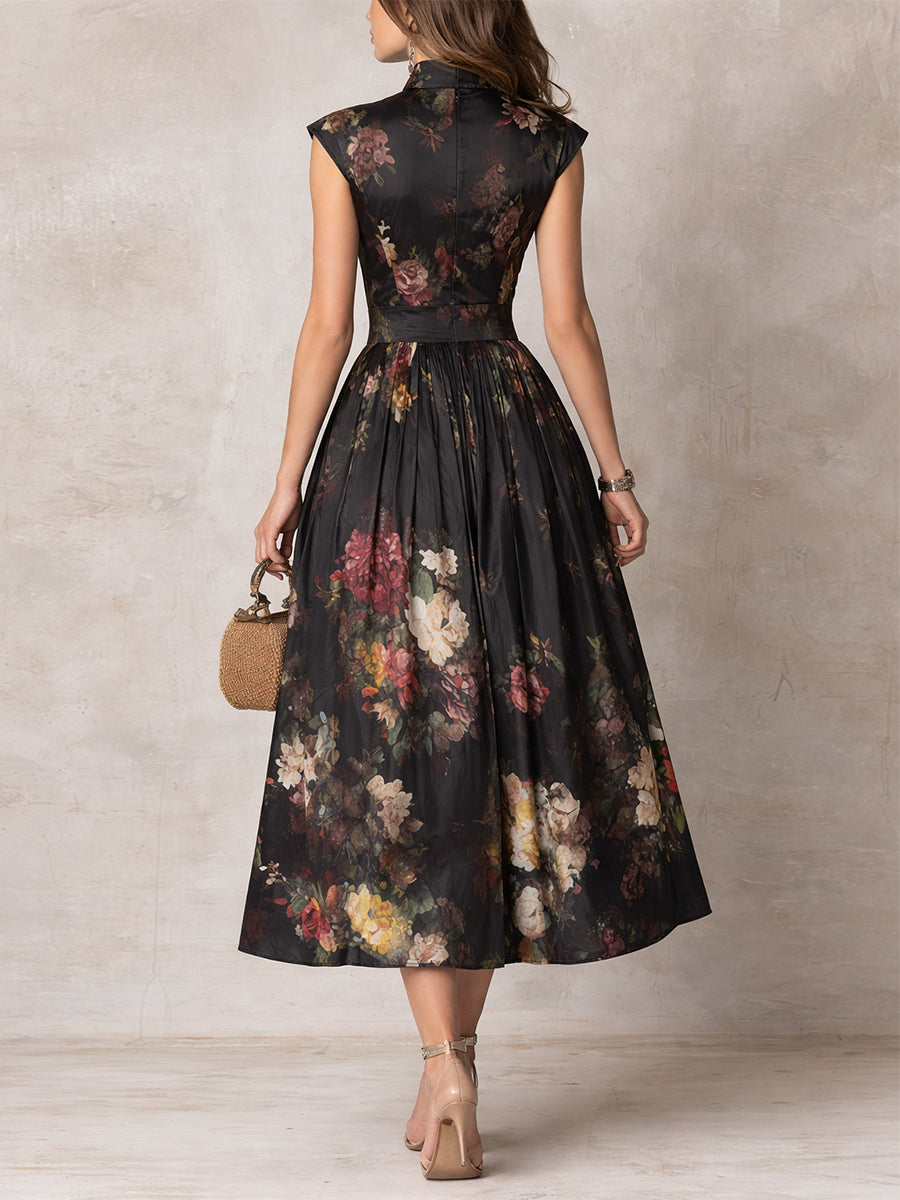 Elegant Black Floral Dress for Formal Wedding Guest Style with A Line Midi Skirt