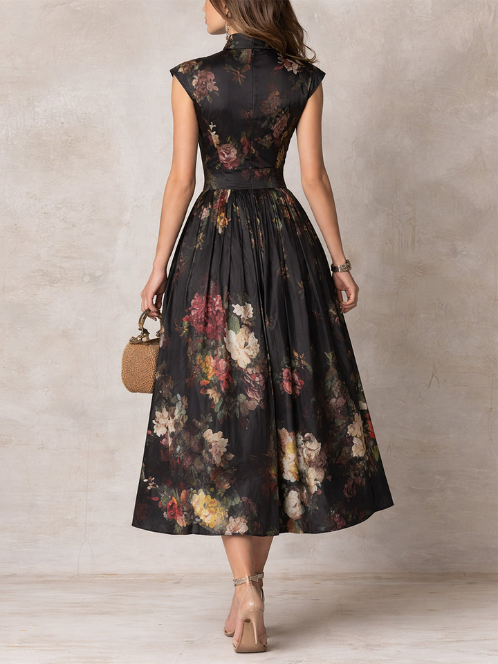 Elegant Black Floral Dress for Formal Wedding Guest Style with A Line Midi Skirt
