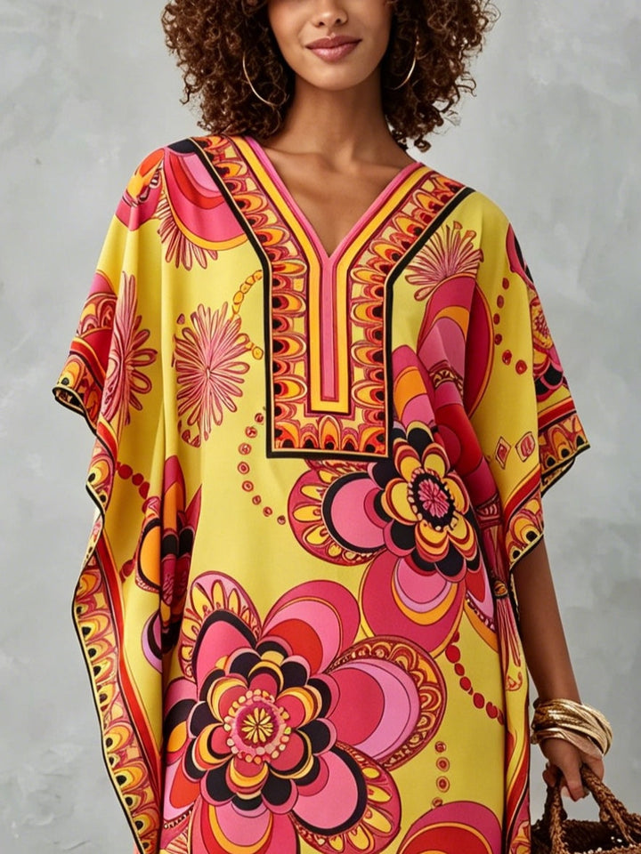 Effortless Multicolor Mini Dress for Women with Floral Print V-Neck Kaftan Style